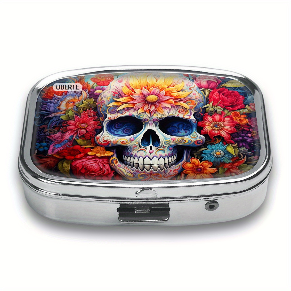 Skull Pattern Metal Case Medication Organizer 2 Compartment Mini Storage Box