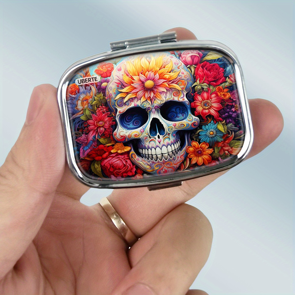 Skull Pattern Metal Case Medication Organizer 2 Compartment Mini Storage Box