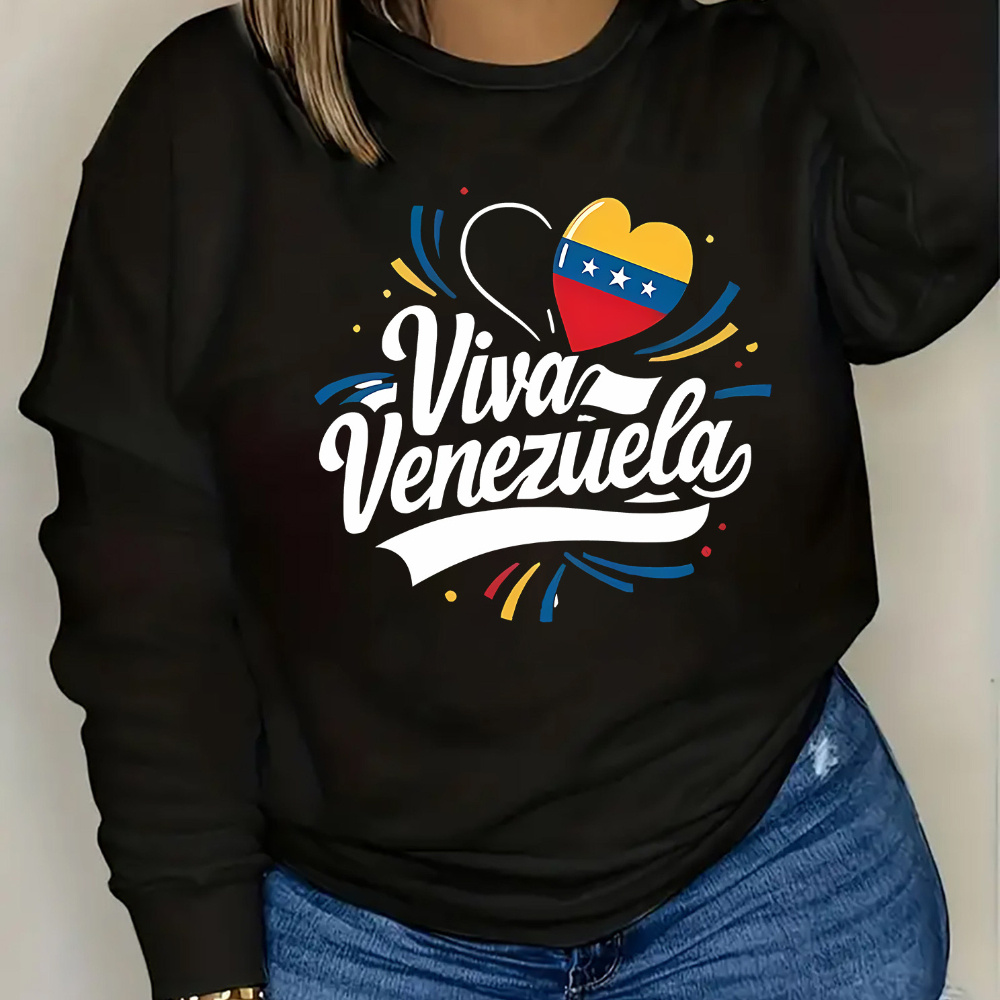 

Women's Casual Crew Neck Sweatshirt With Venezuela Flag Heart Print, Knit Polyester Pullover, Long Sleeve For All