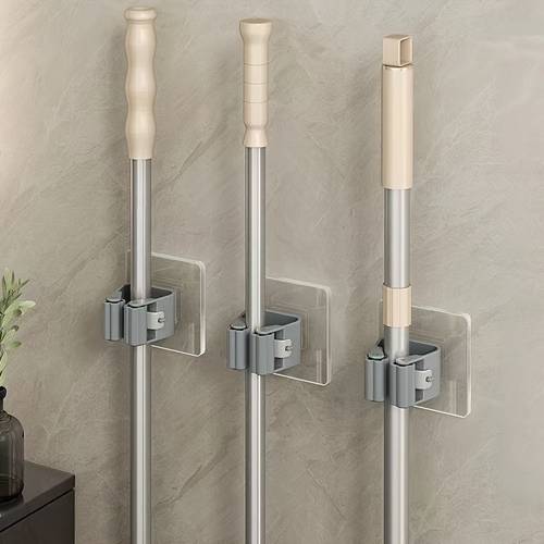 6pcs modern wall mount mop broom holders no drill heavy duty plastic storage organizer for kitchen bathroom durable utility hooks contemporary style bathroom organizers and storage utility hooks