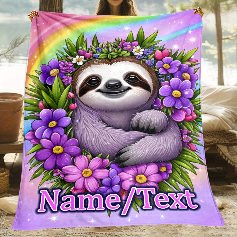 

Personalized Sloth & Purple Flowers Soft Flannel Throw Blanket - Custom Name/text, Lightweight & Warm For Couch, Bed, Travel | Ideal Gift For Family & Friends