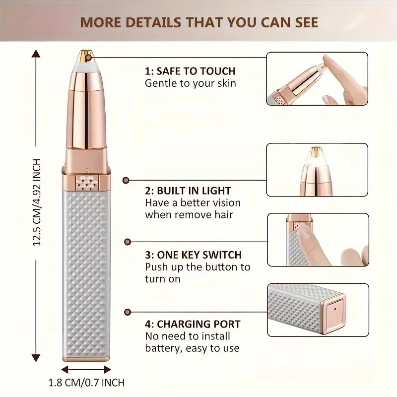 1pc women s 2 in 1 electric eyebrow trimmer facial hair remover portable rechargeable with built in led lights for face eyebrows lips chin legs rose golden multi purpose grooming tool versatile body care metallic quality trimmer details 1