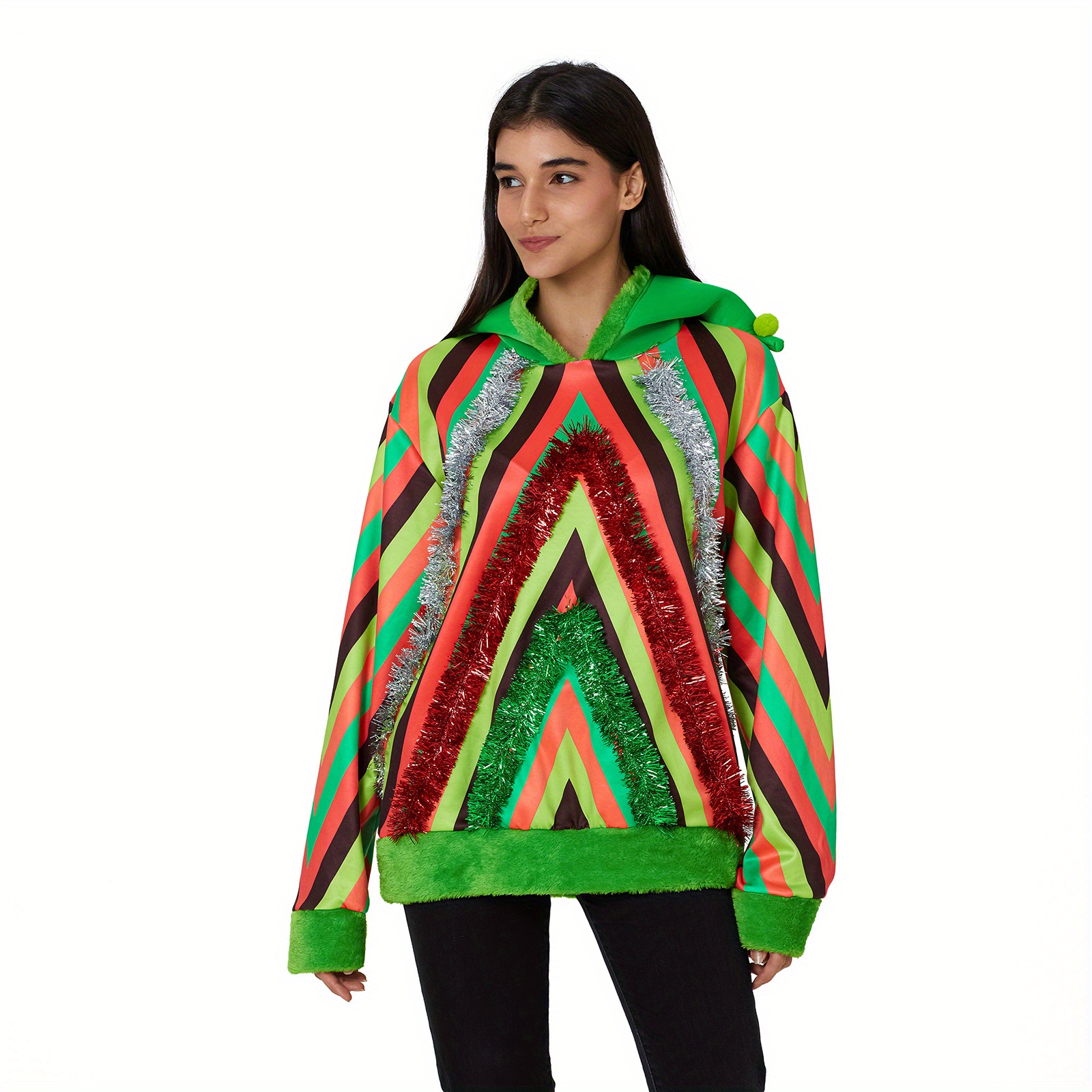 

Women Men Christmas Hoodie, Long Sleeve Tree Hooded Sweatshirt Color Cosplay Costume
