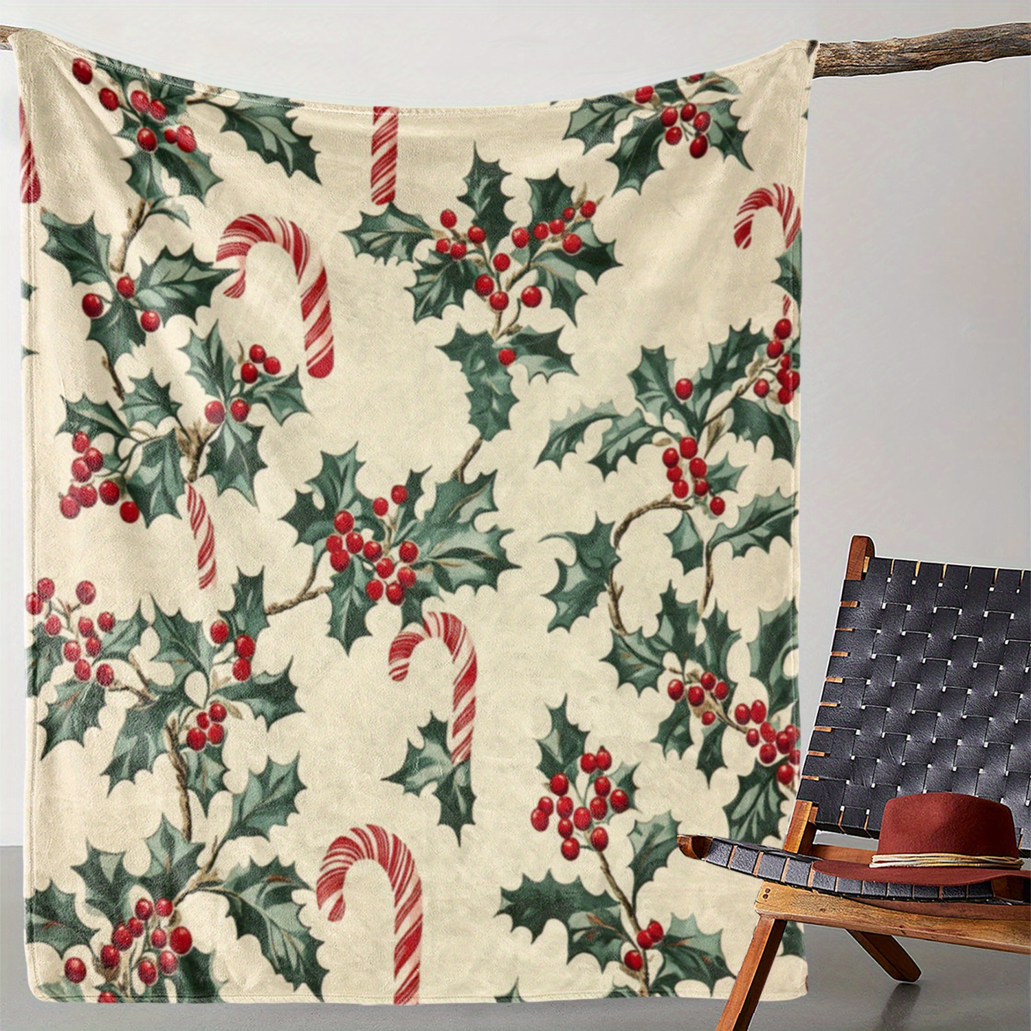 

Vintage Christmas And Candy Cane Print Flannel Throw Blanket, Soft Cozy Polyester Knitted Blanket For Sofa, Bed, Office, Travel, And Camping - Digital Printing, 59x78.7 Inches