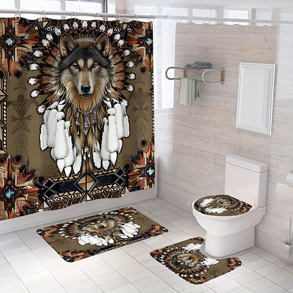 

1/4pcs Wolf Shower Curtain Set, Curtain 12 , Bathroom Rug, U-shaped Pad, , Bathroom Decoration, Bathroom Shower Curtain Set, Bathroom Accessories