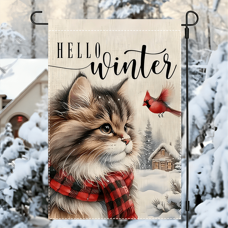 

Winter Hello Garden Flag - Double Sided Polyester Decorative Cat And With Kitten Scarf And Pine Trees, Waterproof Burlap, No Electricity Needed, 12x18 Inch