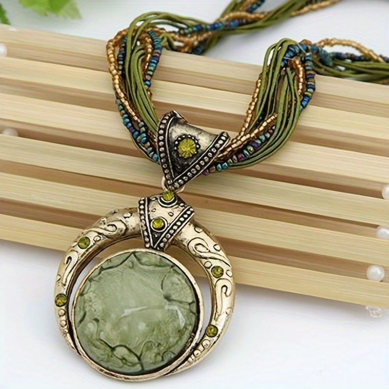 

2 Pcs Handmade Braided Rice Bead Necklace Bohemian Style Round Gemstone Pendant Necklace Casual Universal