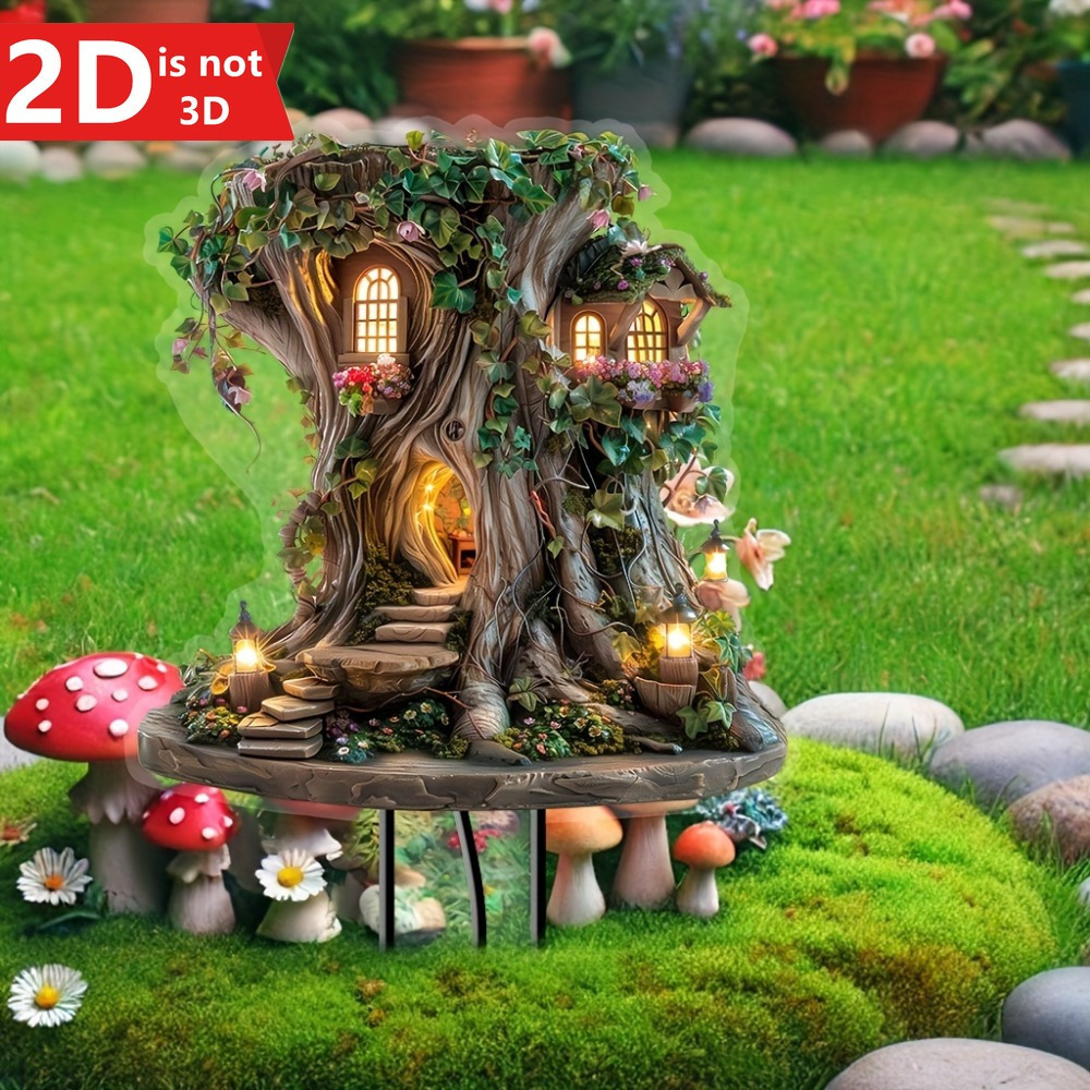 

1pc Bohemian Fairy Treehouse Garden Stake - 2d Acrylic Decor With Illuminated Windows & Floral Accents, Christmas & Holiday Party , Outdoor Decorations