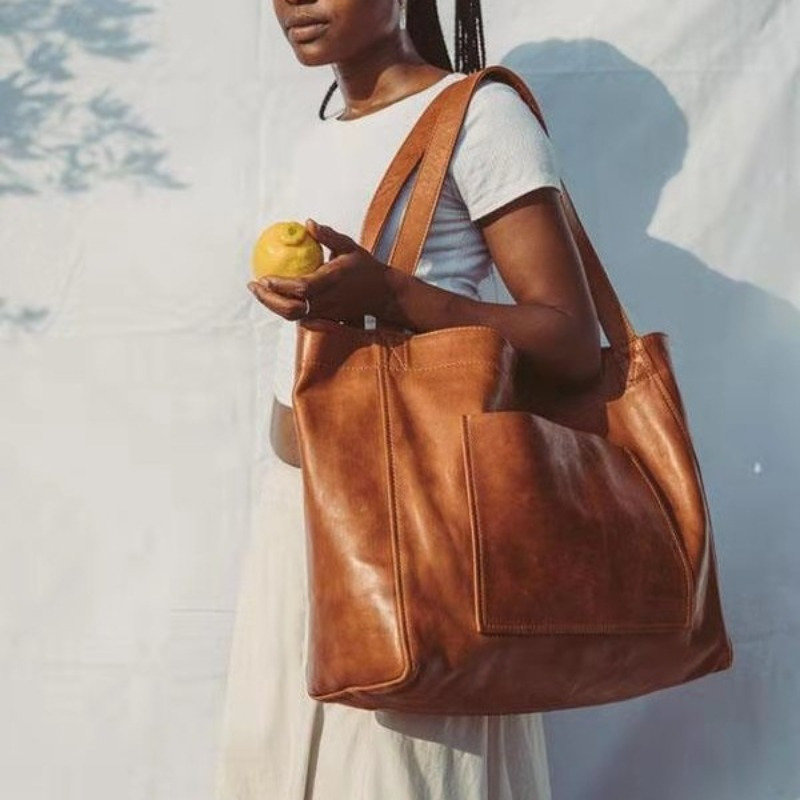 

Retro Solid Color Handbag, Oil Leather Comfortable Pu Shoulder Bag, Large Capacity Daily Tote Bag