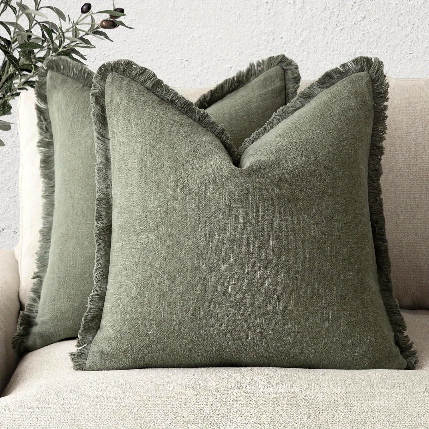 

2-pack Bohemian Style Linen Pillow Covers With Tassels, Hand Wash Only, Zipper Closure, Woven Cotton Cushion Cases For Sofa, Bed, Living Room Decor, 18"x18" - Olive Green