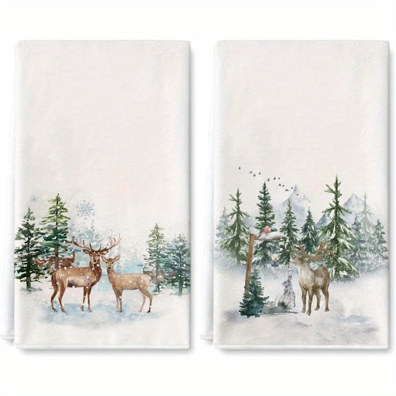 

2pcs Set Of 18x26" Winter Kitchen Towels - & Elk Design, Polyester, Machine Washable, Cooking, Baking & Home Decor