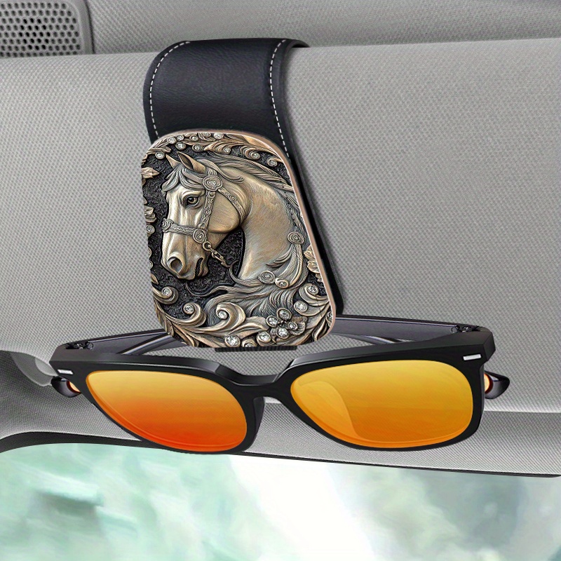 

1pcs Embossed Horse Car Sun Visor Glasses Holder Clip, Universal Magnetic Pu Leather Eyewear Hook, Auto Vehicle Sunglass Eyeglass Mount With Card Ticket Holder, , Fits Most Eyeglasses And Cars