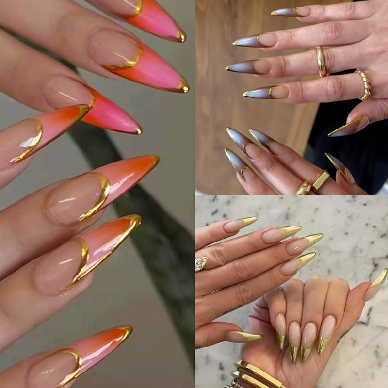 

72pcs (3 Pack) Unique Shaped Long Pressed Nails With Golden Design - Gradient, Easy To Apply And Remove, A French Nail Art