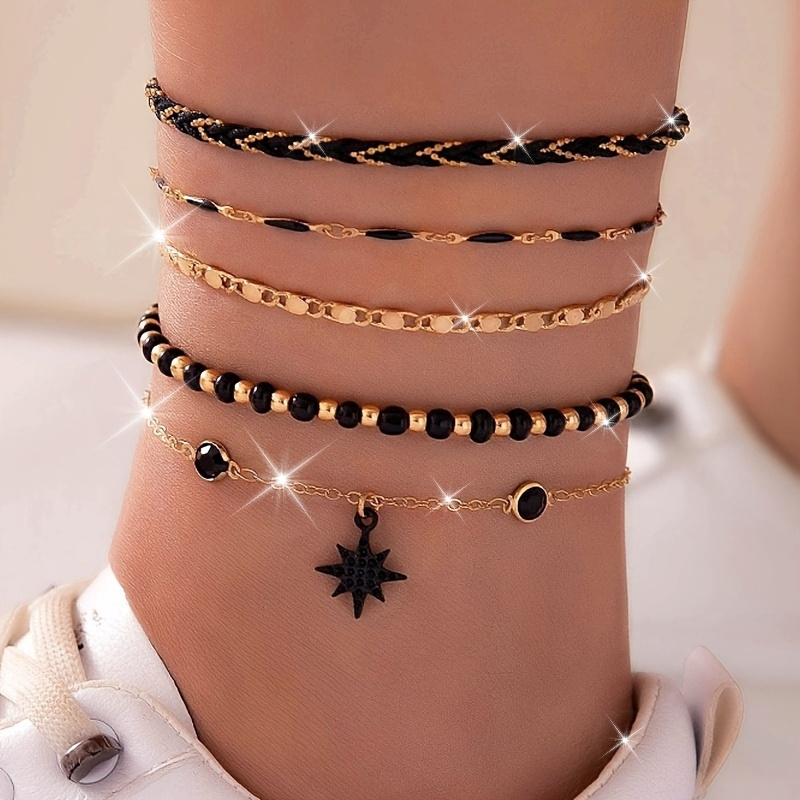 

5pcs Bohemian Zinc Alloy Star Pendant Anklet - Style With Chic, Design - Women's Wear