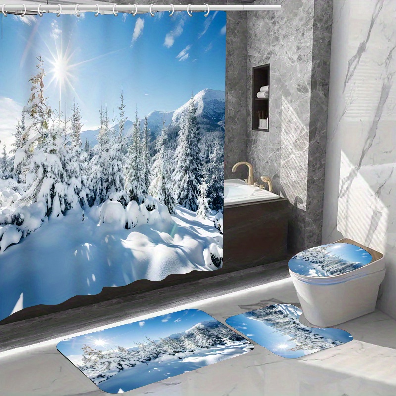 

1pc/4pcs Christmas Shower Curtain 12 Bathroom Mat Rug Carpet Polyester Curtain For Bathroom Accessories ( Jit)