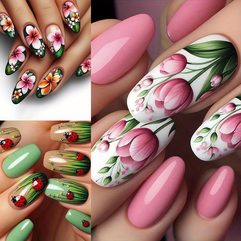 TEMU 72pcs3 Pack Almond Shaped Press On Nail Set - Medium Length, Pink Flower And Solid , , Suitable For Hand, Foot And Nail Care