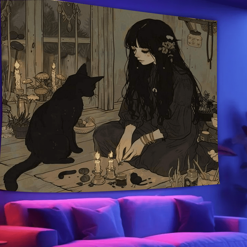 

Anime Girl & Black Cat Tapestry - Cozy Polyester Wall Hanging, 37x28 Inch - Living Room, Bedroom, Dorm Decor - Includes Free Accessories