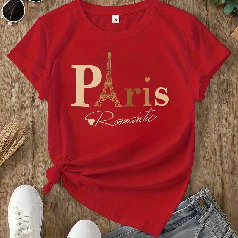 

Paris Neck T-shirt, Casual Short Sleeve Top For , Women's Clothing