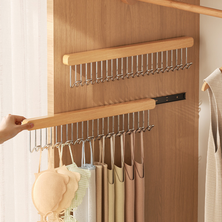 

Contemporary Wooden Telescopic Hanger - Wall-mounted Clothes Rack With Adjustable Hooks For Underwear, Vests, And Accessories Storage