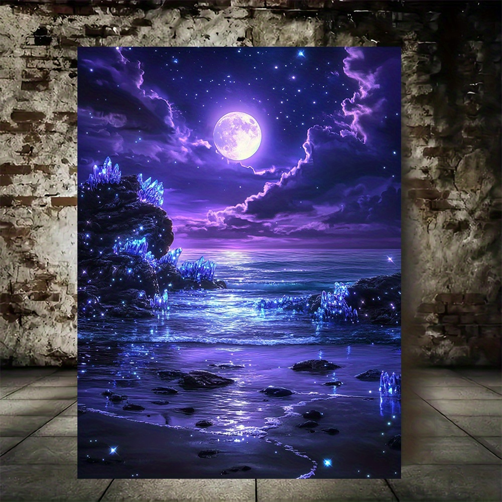 TEMU 1pc Framed Canvas Wall Art - Over Purple Luminous Ocean, Coastal Painting With Deep , & Stars - Ready-to-hang Beach Decor For Living Room,