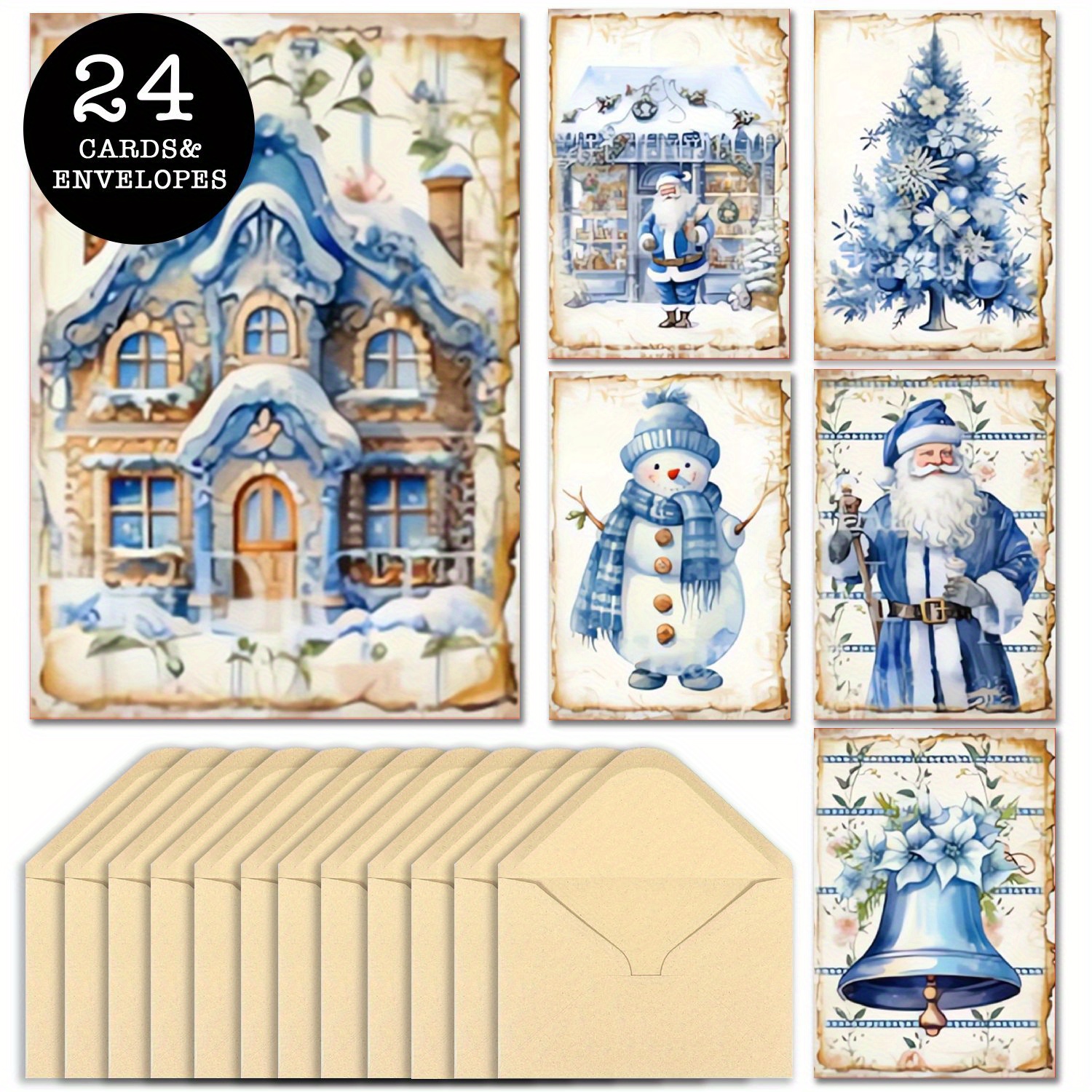 

24 Christmas Greeting Cards Envelopes, Assorted , Santa, Snowman , Set For , , , , And Thanksgiving