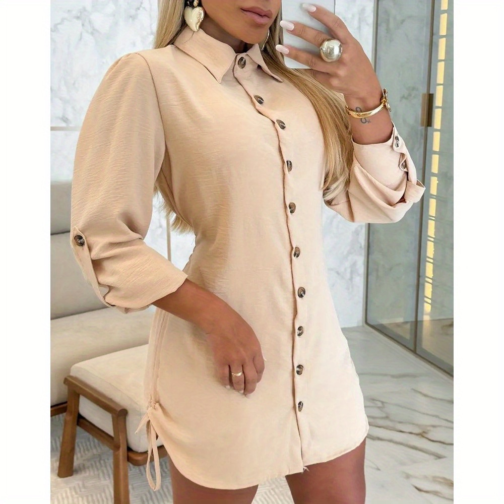 

Women's Elegant Short Sleeve Button Front Shirt Dress, Polyester 100%, Solid Color, Lapel Collar, Woven Fabric, 110 G/m², Spring/fall Season