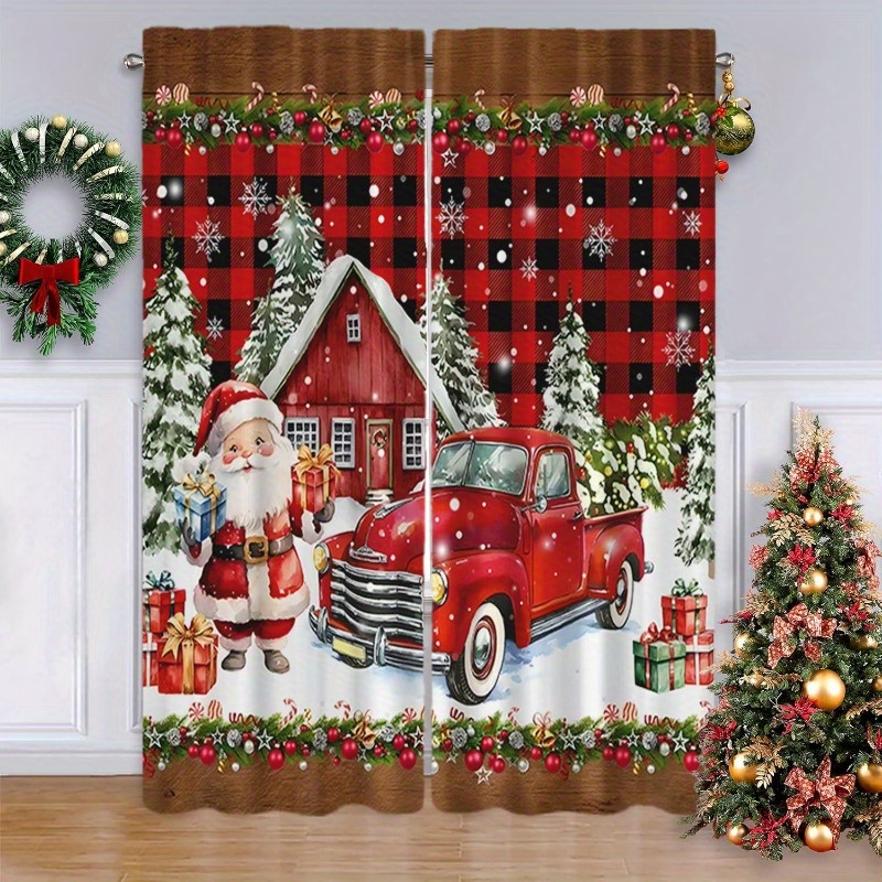 

2pcs Set Christmas Curtains - Santa Claus & Design With Black , Rod Pocket Drapes For Living Room & Bedroom - Soft, Light-blocking Polyester Home Decor, Christmas Decor