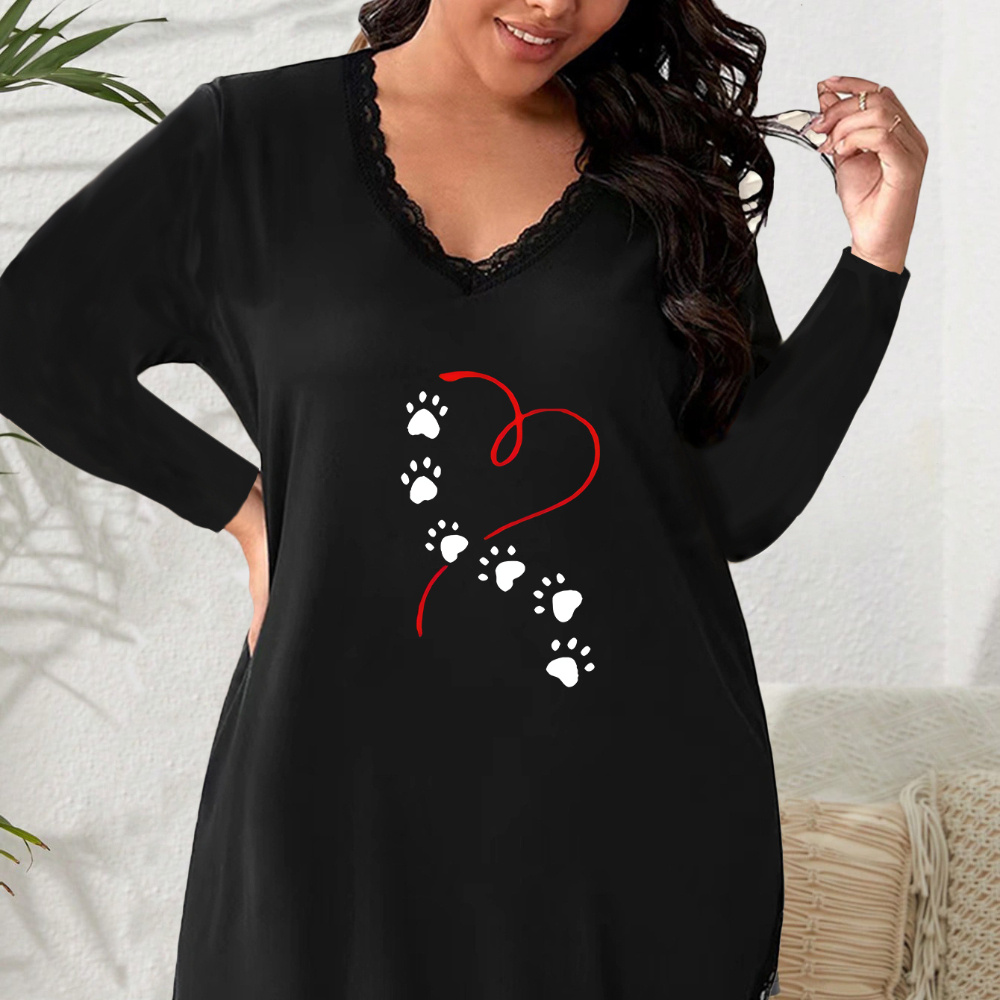 

Women's Valentine's Day Casual Nightdress, Plus Size Heart & Paw Print Lace Long Sleeve V Neck Sleep Dress, Valentine's Day, Plus Size, , Comfortable, Pajama Dress