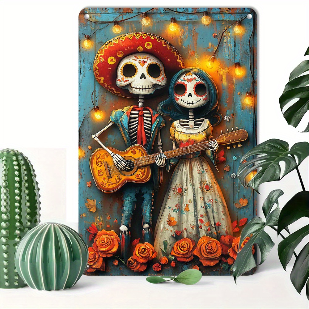 

Day Of The Tin Sign, Vintage Aluminum , Reusable Home And Garden Decor, Skeleton Couple Design, Suitable For 14+, 8x12 Inch - 1pc