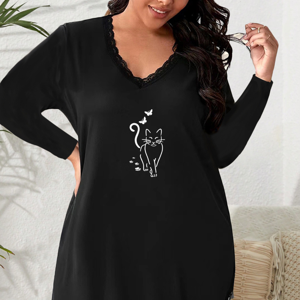 

Cozy Plus Size Women' Dress , & Cat Print - Long Sleeve Lace Trim V-neck Nightgown For Fall, Plus Size Sleep Dress