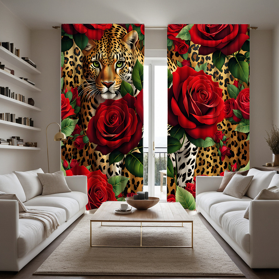 

Elegant Leopard & Rose Print Curtains - 2pcs Set, Rod For Easy Hanging, Machine Washable Polyester Microfiber, Living Room & Bedroom Decor