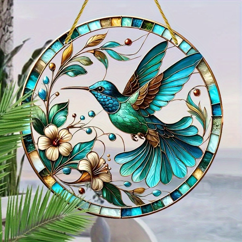 

2d Vibrant Hummingbird & Floral Stained Acrylic Suncatcher - Hanging Decor For Windows, Walls, Gardens, And Home With Colorful And Intricate Design - Perfect Indoor/ Outdoor Gift For With