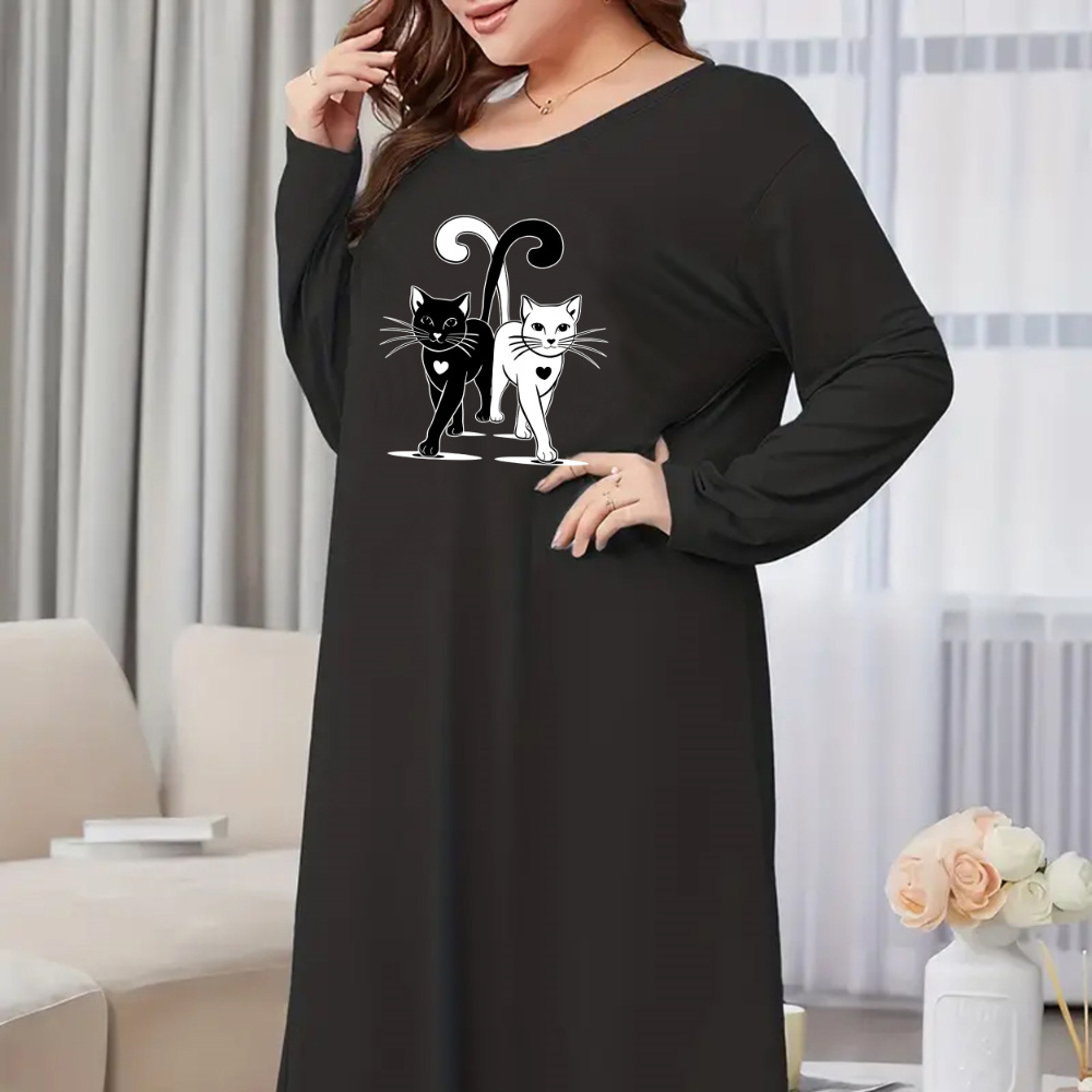 

Robe de Nuit Confortable pour Femmes de Grande Taille avec Imprimé Chat Mignon - Manches Longues, Col Rond, Mélange de Polyester Extensible pour Automne/Hiver