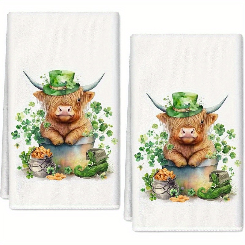 

2-pack 's Day Kitchen Towels - Watercolor Highland Cow & Clover Pattern, Irish Farmhouse Style Hand Towels For Cooking, Baking, Cleaning - Polyester, Machine Washable, 18x26 Inches