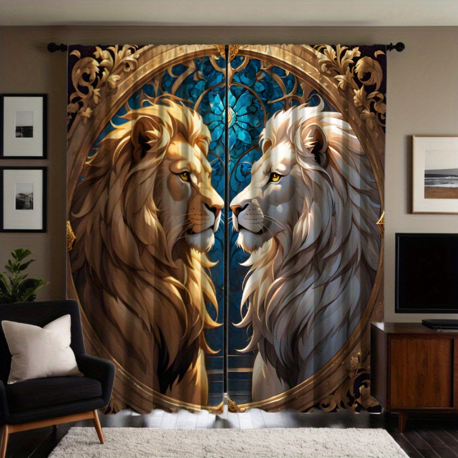 

Luxurious Lion Pattern Drapes, 2-panel Set, Polyester Flannel, Rod Pocket Hanging, Machine Washable, Semi-sheer Decor Panels For Living Room, Americana Style Animal Themed Home Decor