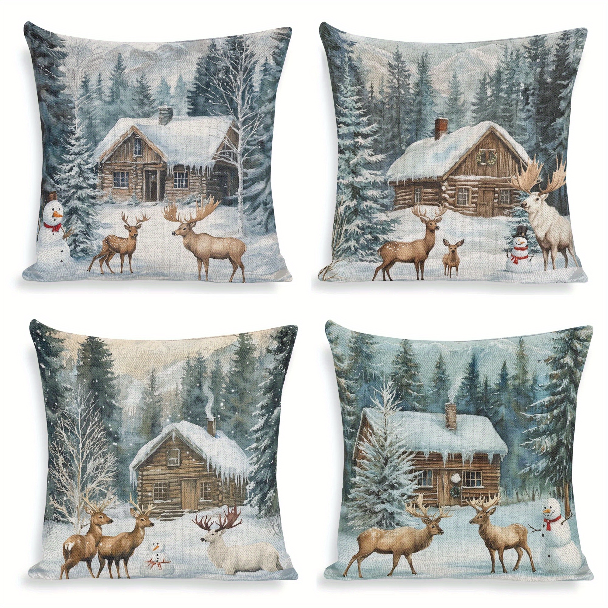 

Winter Deer And Snowman Double-sided Print Throw Pillow Covers, Set Of 4, 18x18 Inches, Square Polyester Cushion Cases For Home Sofa Decor - Woven, No Battery Needed