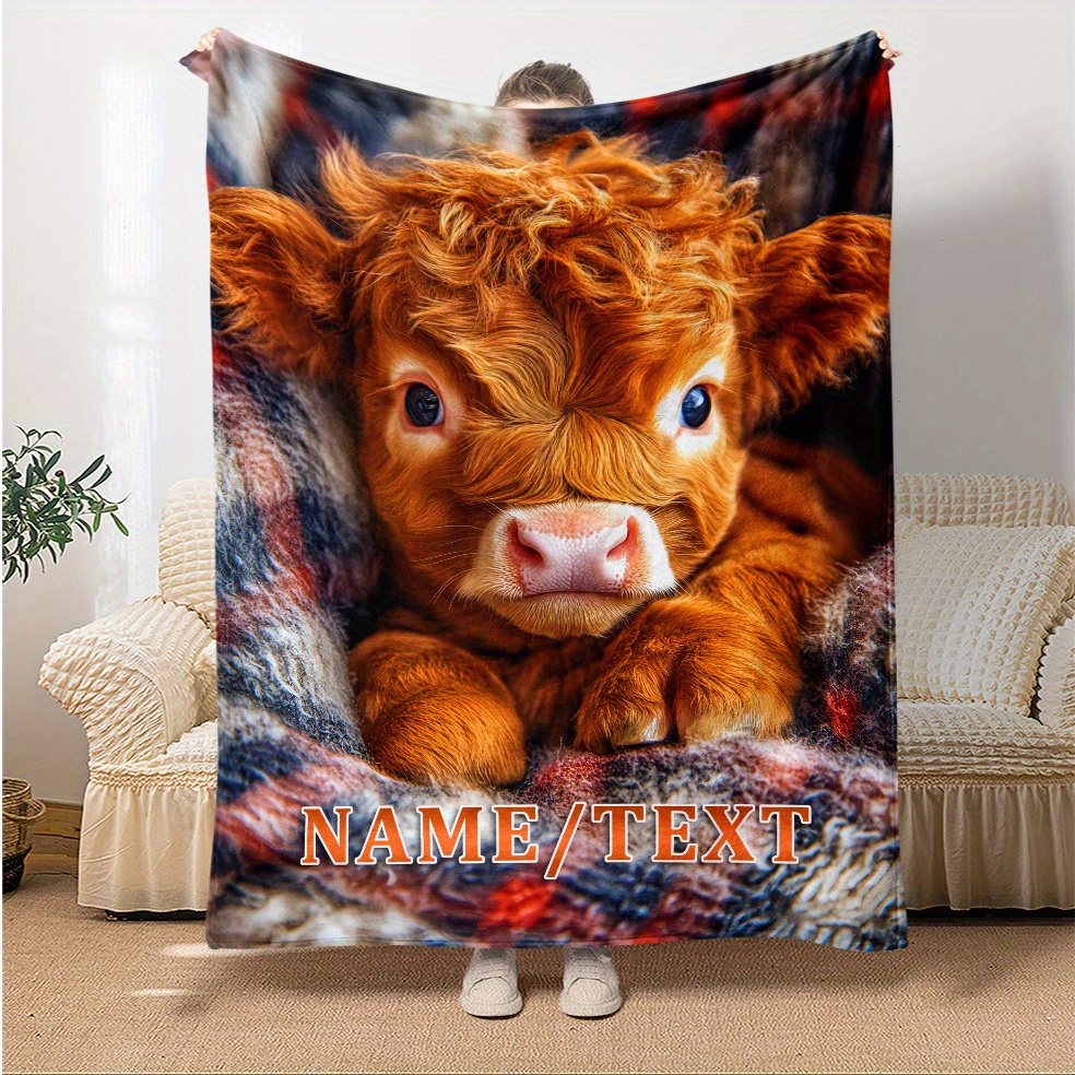 

Travel-friendly, Custom Highland Cow Print Flannel Throw Blanket - Personalized Name, Lightweight & Soft For All - Sofa, Bed, Travel, Camping - Unique Gift Idea