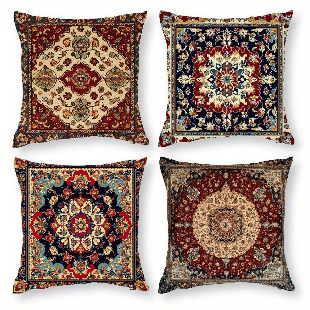 

4-pack Bohemian Throw Pillow Covers - Polyester, Short Plush, Woven Decorative Cushion Cases With Zipper Closure For Home Decor, Sofa, Bed, Outdoor - Contemporary Machine Washable Pillowcases