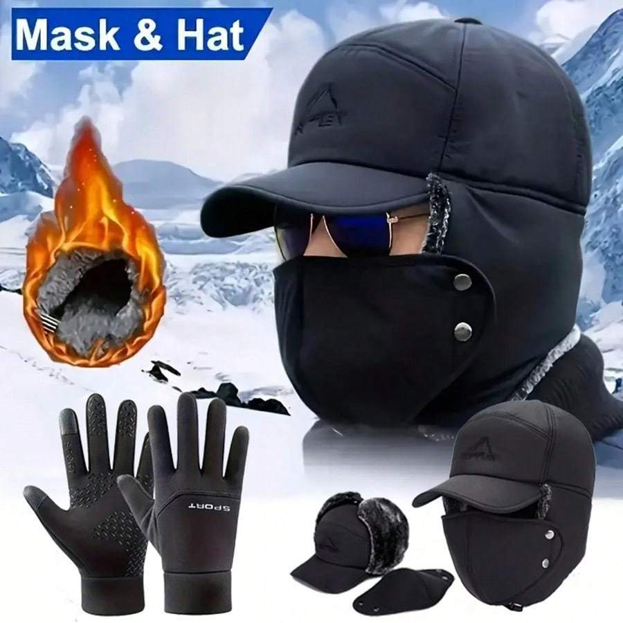 

2pcs Winter Warm Fleece Thickened Artificial Wool Cap With Gloves - Unisex Outdoor Ski Mountaineering Hat And Gloves Set, Machine Washable, Black