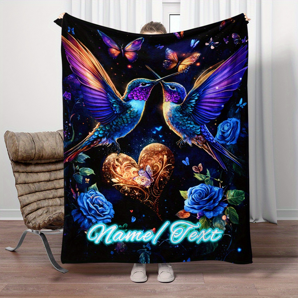 

Personalized Hummingbird & Floral Flannel Throw Blanket - Soft, Lightweight, And Warm For Couch, Bed, Travel, Camping, Office Chair - Custom Name Option, Perfect Gift Idea