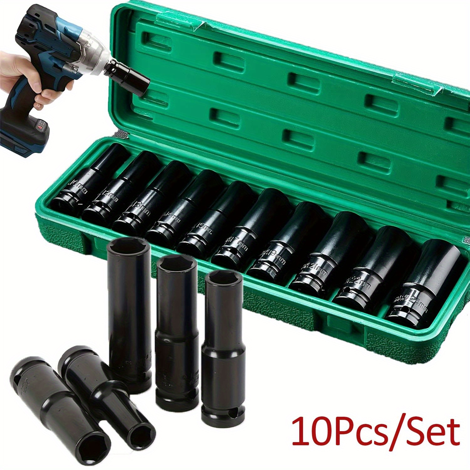 

10pcs/1set 10-24mm Electric Wrench Socket Set - Extended Hexagonal Long Socket Head Auto Repair Hardware