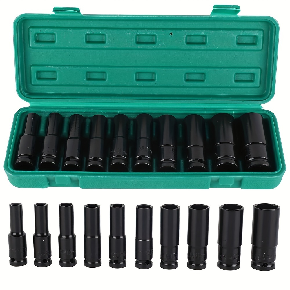 TEMU 10pcs/1set 10-24mm Electric Wrench Socket Set - Extended Long Socket Head Auto Repair Hardware