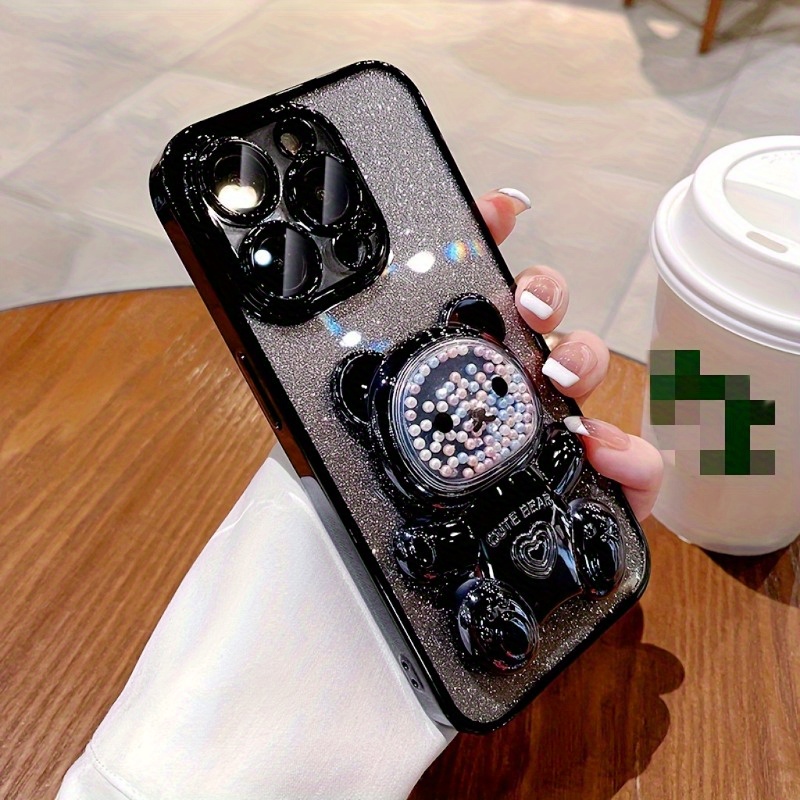 Set Of 3/ Deluxe Electroplated 3D Cute Bear Apple Phone Case, Romantic - Love Heart Bead Bear Hidden Stand - Shockproof Slim Protective Case, Suitable For IPhone 16/Pro Max Plus, Halloween, Christmas - Easter - Valentine's Day Birthday Gift - Image 8