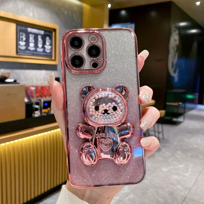 Set Of 3/ Deluxe Electroplated 3D Cute Bear Apple Phone Case, Romantic - Love Heart Bead Bear Hidden Stand - Shockproof Slim Protective Case, Suitable For IPhone 16/Pro Max Plus, Halloween, Christmas - Easter - Valentine's Day Birthday Gift - Image 6