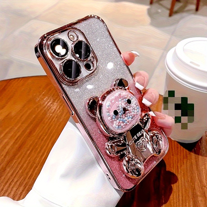 Set Of 3/ Deluxe Electroplated 3D Cute Bear Apple Phone Case, Romantic - Love Heart Bead Bear Hidden Stand - Shockproof Slim Protective Case, Suitable For IPhone 16/Pro Max Plus, Halloween, Christmas - Easter - Valentine's Day Birthday Gift