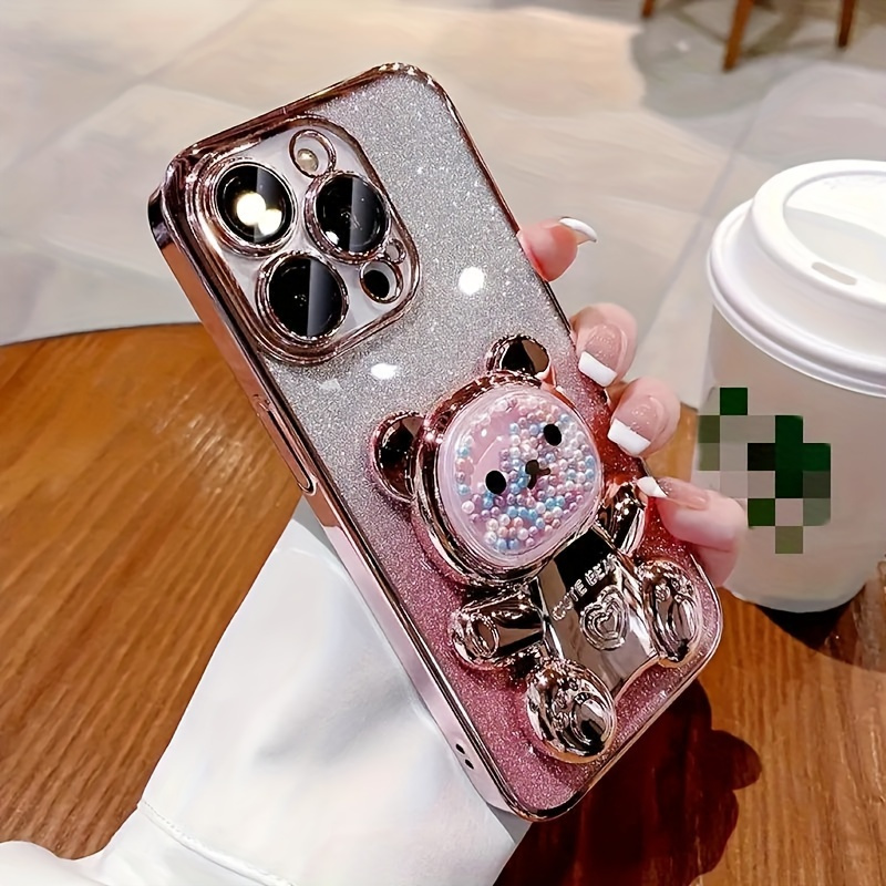 Set Of 3/ Deluxe Electroplated 3D Cute Bear Apple Phone Case, Romantic - Love Heart Bead Bear Hidden Stand - Shockproof Slim Protective Case, Suitable For IPhone 16/Pro Max Plus, Halloween, Christmas - Easter - Valentine's Day Birthday Gift