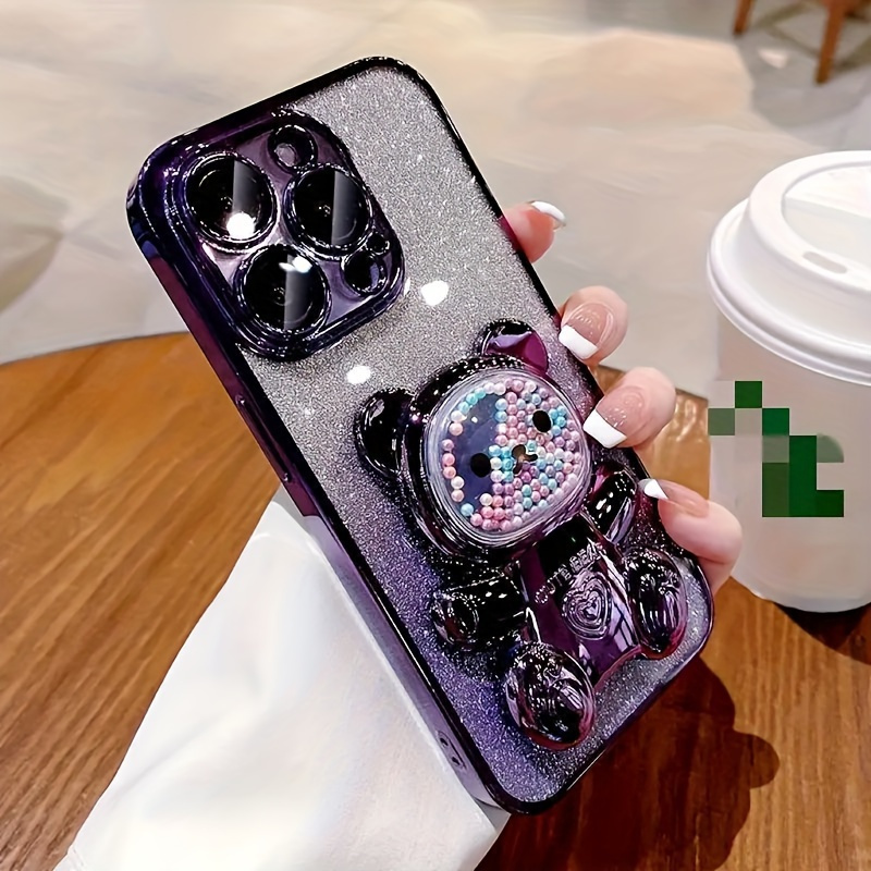 Set Of 3/ Deluxe Electroplated 3D Cute Bear Apple Phone Case, Romantic - Love Heart Bead Bear Hidden Stand - Shockproof Slim Protective Case, Suitable For IPhone 16/Pro Max Plus, Halloween, Christmas - Easter - Valentine's Day Birthday Gift