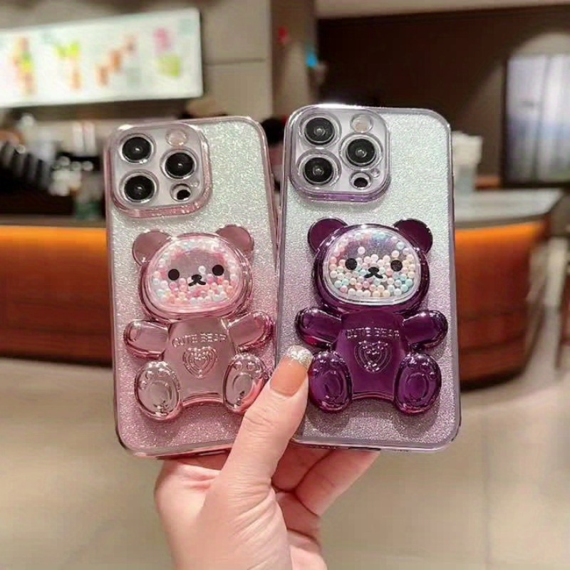 Set Of 3/ Deluxe Electroplated 3D Cute Bear Apple Phone Case, Romantic - Love Heart Bead Bear Hidden Stand - Shockproof Slim Protective Case, Suitable For IPhone 16/Pro Max Plus, Halloween, Christmas - Easter - Valentine's Day Birthday Gift - Image 14