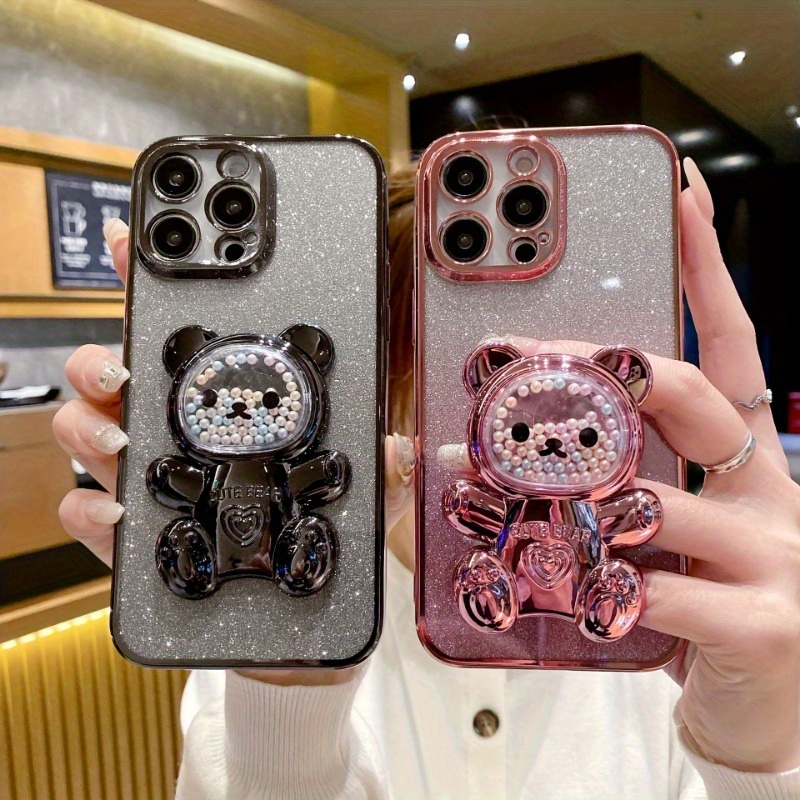 Set Of 3/ Deluxe Electroplated 3D Cute Bear Apple Phone Case, Romantic - Love Heart Bead Bear Hidden Stand - Shockproof Slim Protective Case, Suitable For IPhone 16/Pro Max Plus, Halloween, Christmas - Easter - Valentine's Day Birthday Gift - Image 10