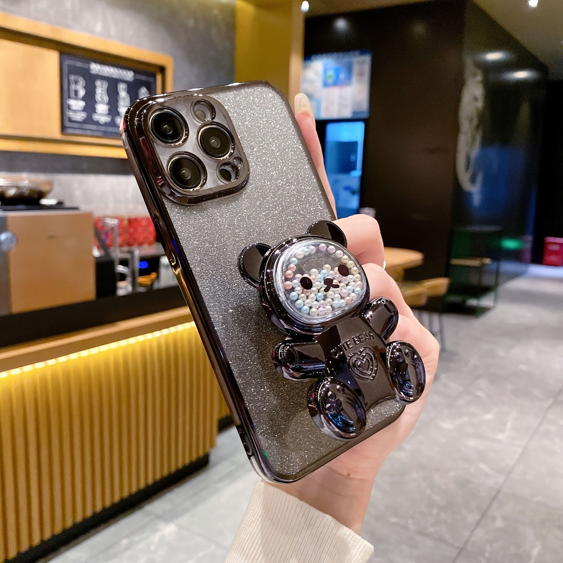 Set Of 3/ Deluxe Electroplated 3D Cute Bear Apple Phone Case, Romantic - Love Heart Bead Bear Hidden Stand - Shockproof Slim Protective Case, Suitable For IPhone 16/Pro Max Plus, Halloween, Christmas - Easter - Valentine's Day Birthday Gift